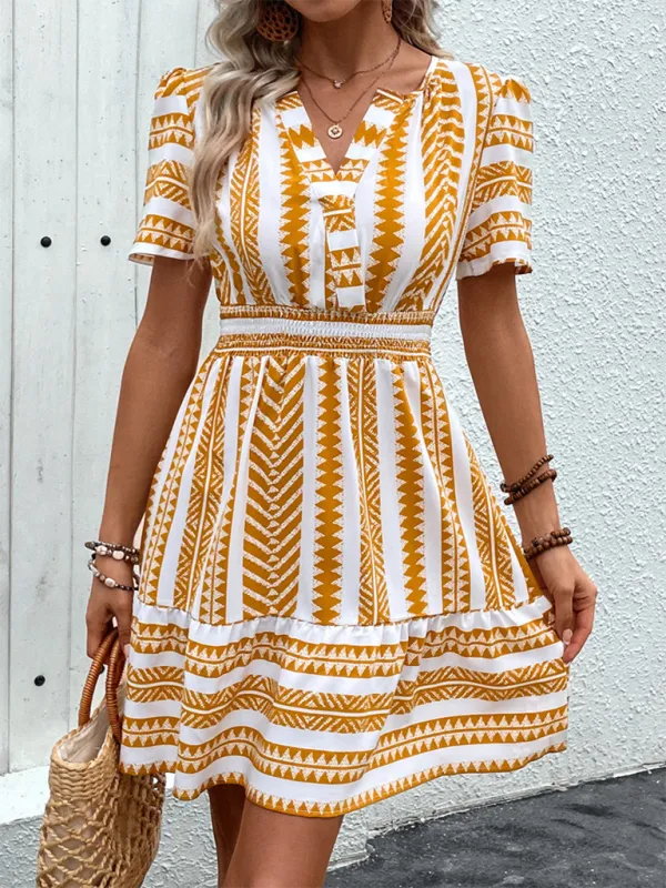 Bohemian Geometric Print Dress with V-Neck and Smocked Waist