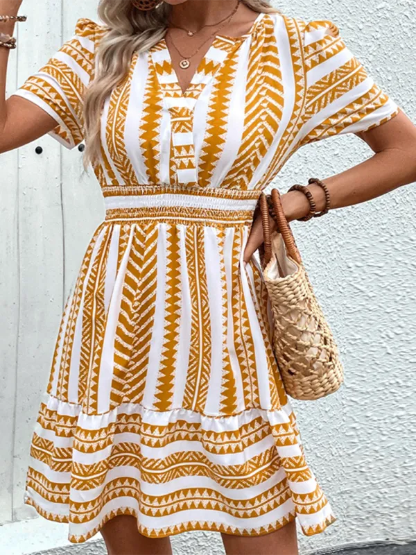 Bohemian Geometric Print Dress with V-Neck and Smocked Waist