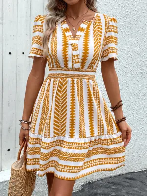 Bohemian Geometric Print Dress with V-Neck and Smocked Waist