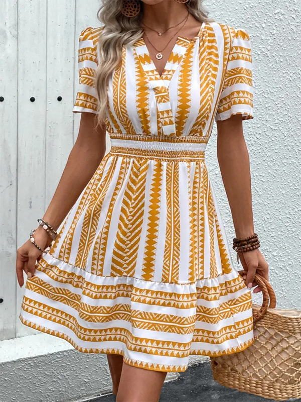 Bohemian Geometric Print Dress with V-Neck and Smocked Waist