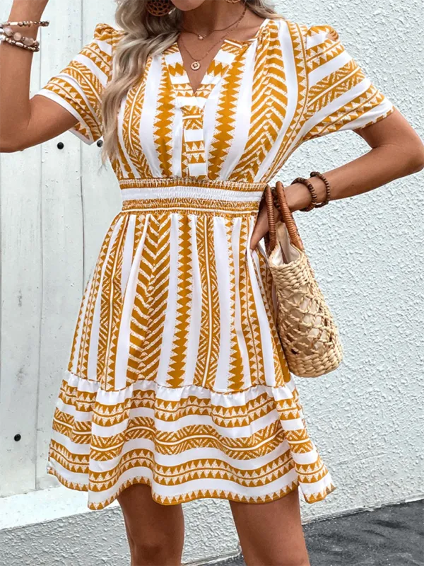 Bohemian Geometric Print Dress with V-Neck and Smocked Waist