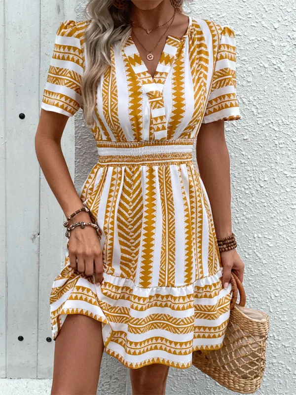 Bohemian Geometric Print Dress with V-Neck and Smocked Waist