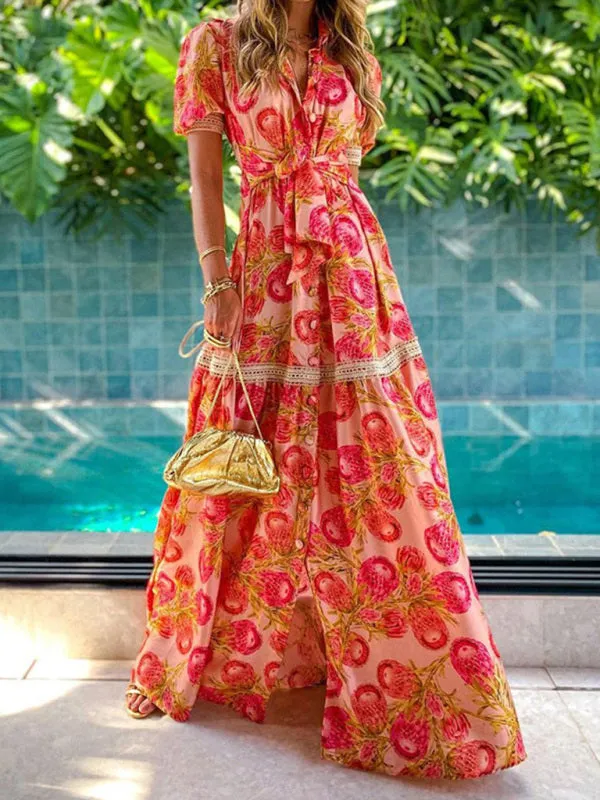 Bohemian Maxi Dress with Floral Print and Puff Sleeves