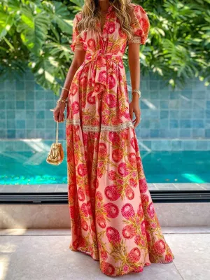 Bohemian Maxi Dress with Floral Print and Puff Sleeves