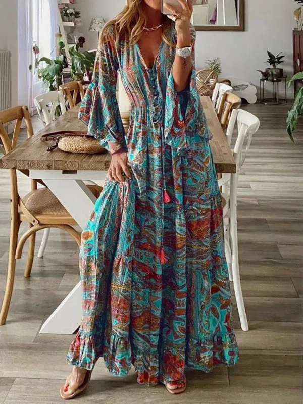 Bohemian Maxi Dress with Paisley Print and Trumpet Sleeves