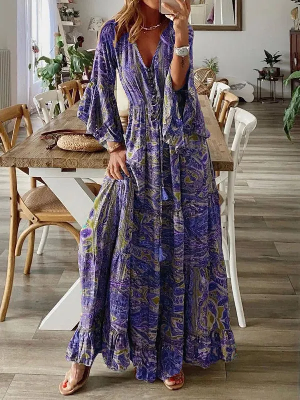 Bohemian Maxi Dress with Paisley Print and Trumpet Sleeves