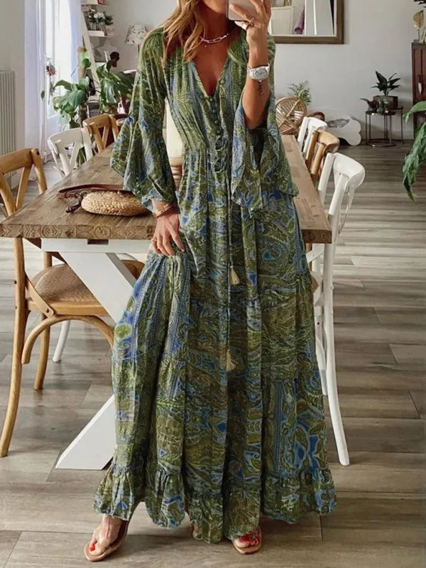 Bohemian Maxi Dress with Paisley Print and Trumpet Sleeves