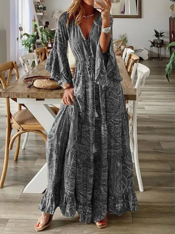 Bohemian Maxi Dress with Paisley Print and Trumpet Sleeves