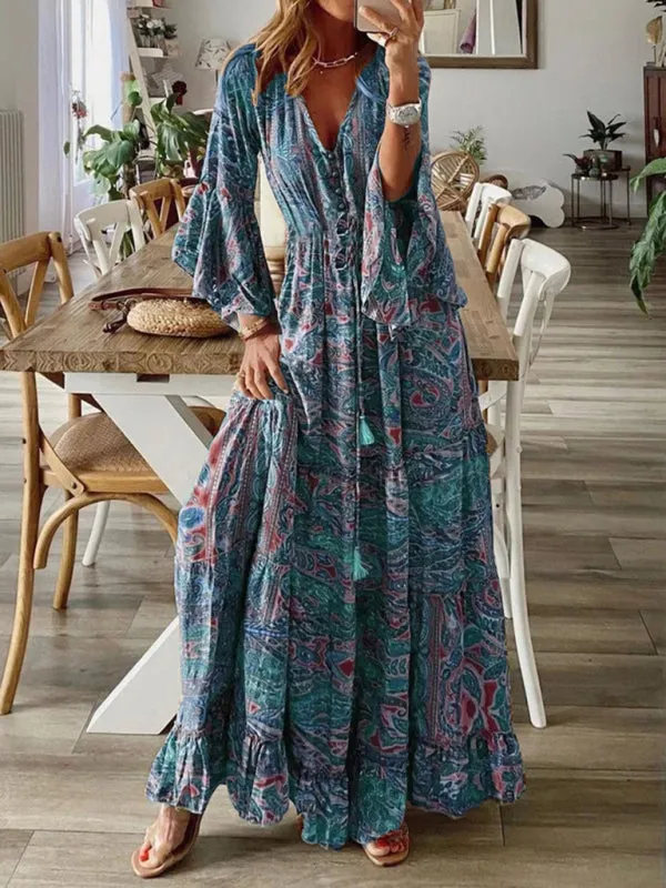Bohemian Maxi Dress with Paisley Print and Trumpet Sleeves