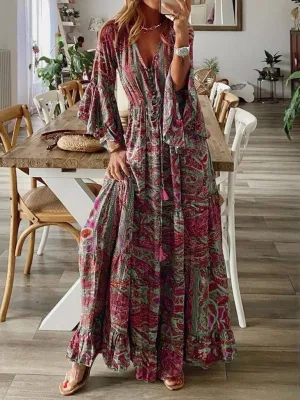 Bohemian Maxi Dress with Paisley Print and Trumpet Sleeves