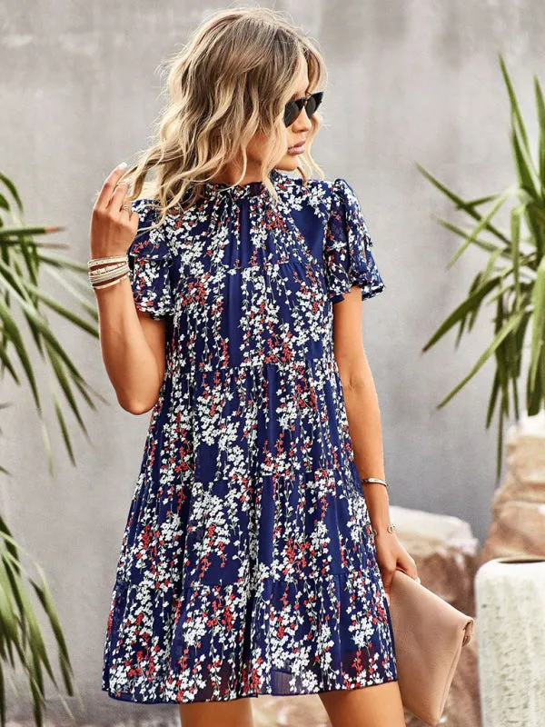 Bohemian Mini Dress with Floral Print and Ruffled Collar