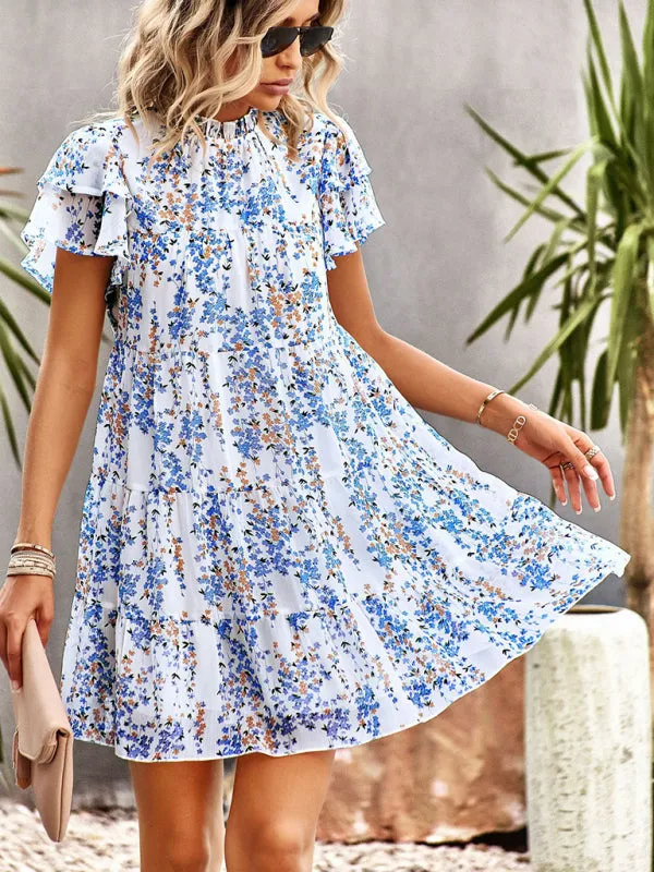 Bohemian Mini Dress with Floral Print and Ruffled Collar