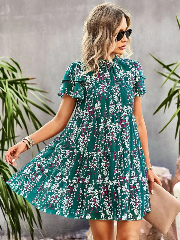 Bohemian Mini Dress with Floral Print and Ruffled Collar