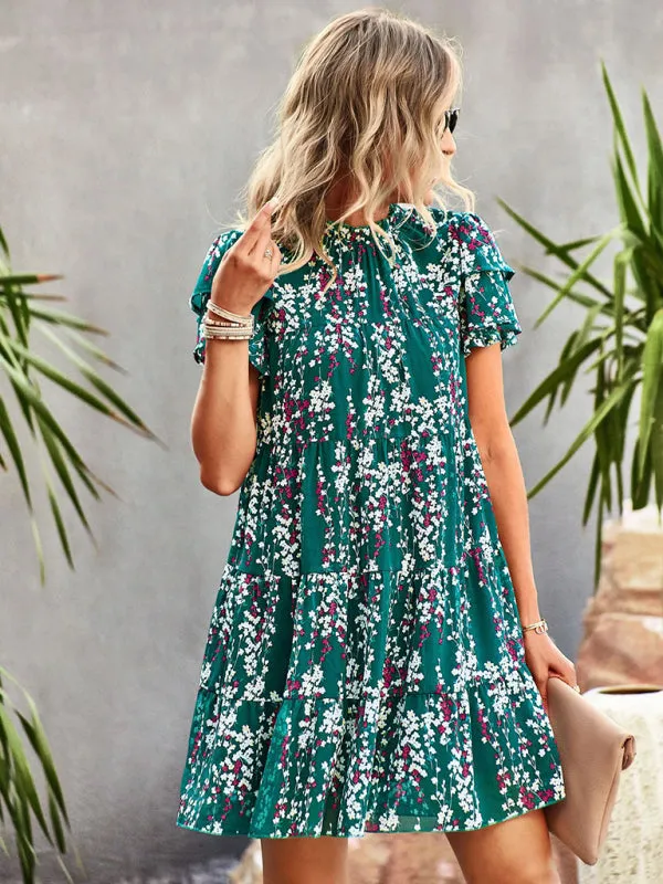 Bohemian Mini Dress with Floral Print and Ruffled Collar