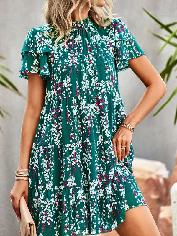 Bohemian Mini Dress with Floral Print and Ruffled Collar