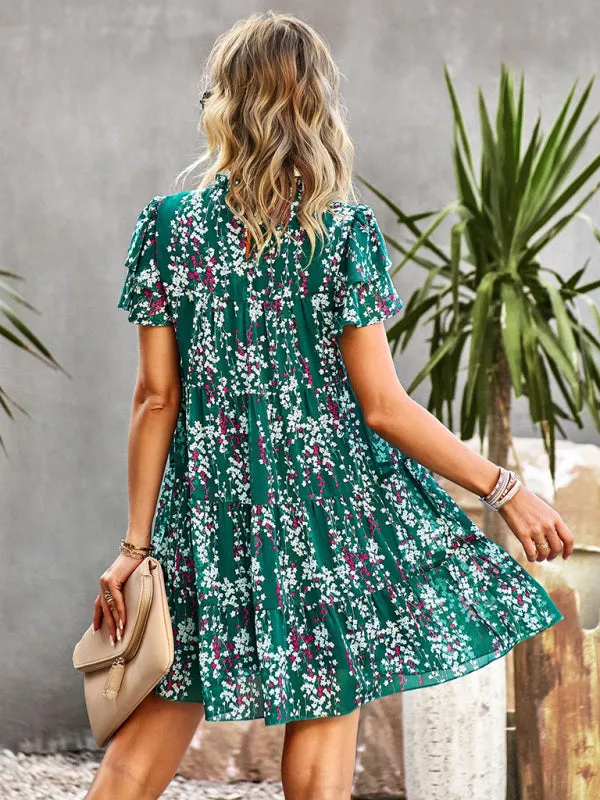 Bohemian Mini Dress with Floral Print and Ruffled Collar