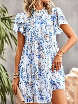 Bohemian Mini Dress with Floral Print and Ruffled Collar