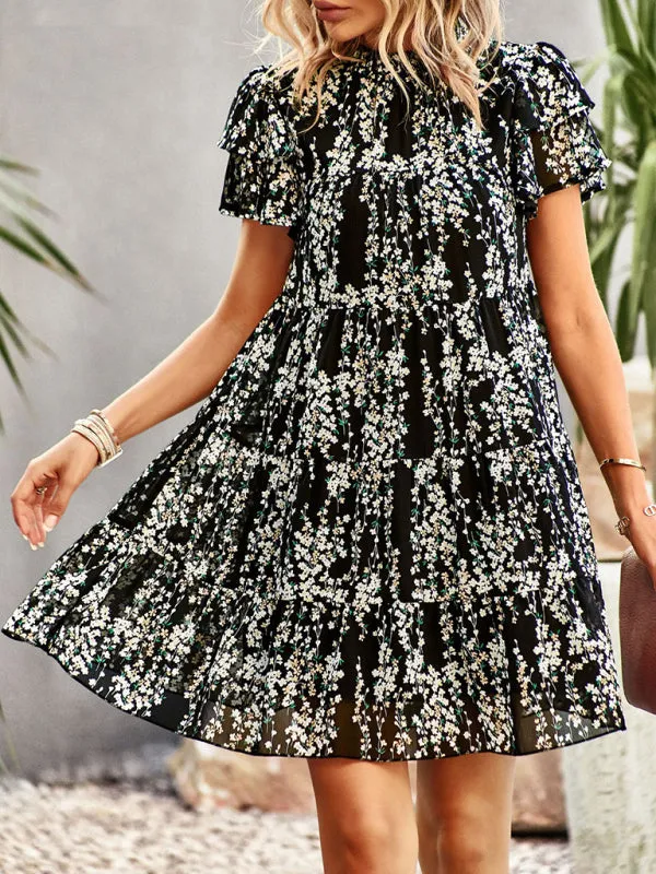 Bohemian Mini Dress with Floral Print and Ruffled Collar