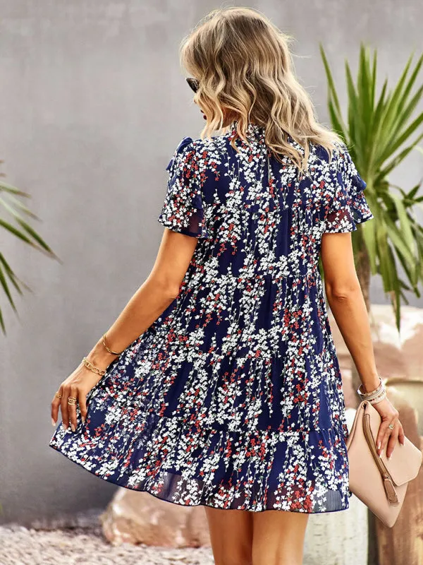 Bohemian Mini Dress with Floral Print and Ruffled Collar