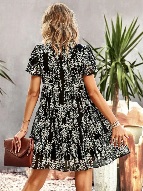 Bohemian Mini Dress with Floral Print and Ruffled Collar