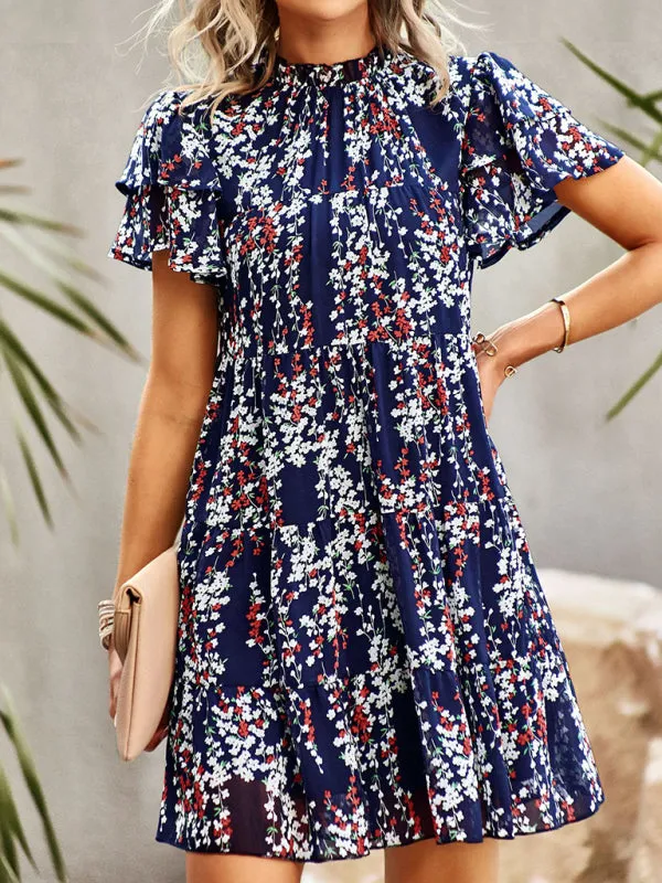 Bohemian Mini Dress with Floral Print and Ruffled Collar