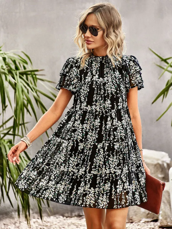 Bohemian Mini Dress with Floral Print and Ruffled Collar