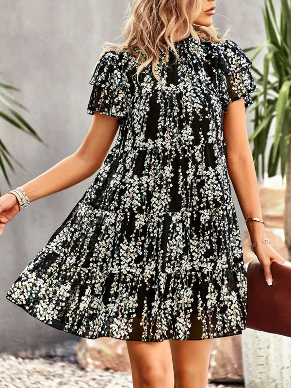Bohemian Mini Dress with Floral Print and Ruffled Collar
