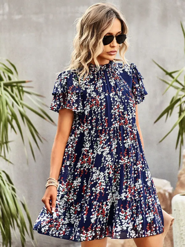 Bohemian Mini Dress with Floral Print and Ruffled Collar