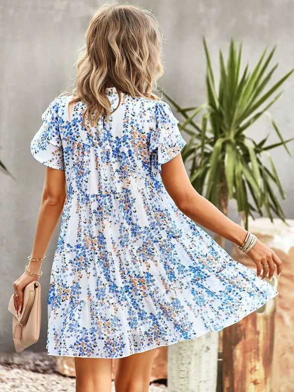 Bohemian Mini Dress with Floral Print and Ruffled Collar