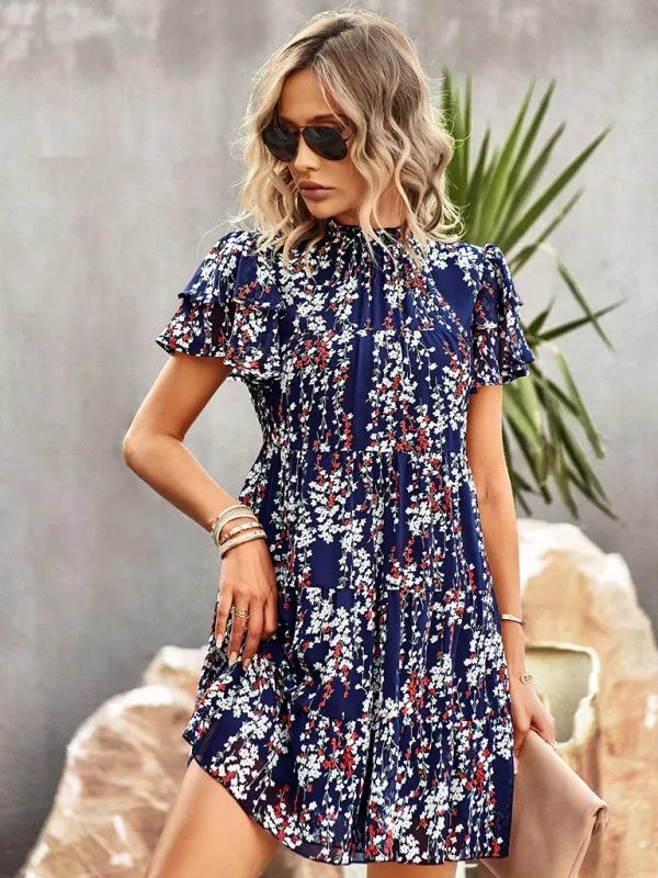 Bohemian Mini Dress with Floral Print and Ruffled Collar