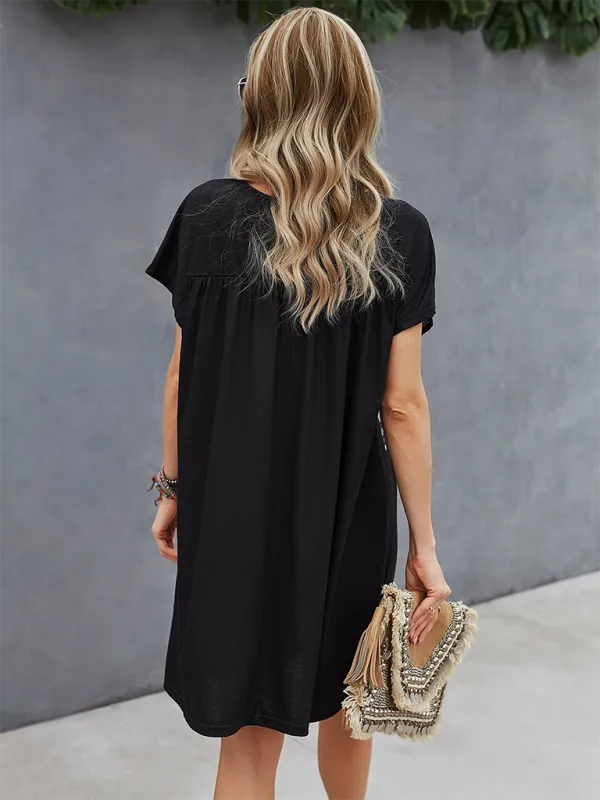 Bohemian Short Dress with Floral Geometric Print and Embroidery