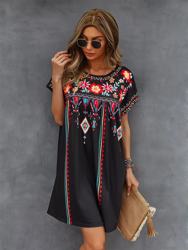 Bohemian Short Dress with Floral Geometric Print and Embroidery