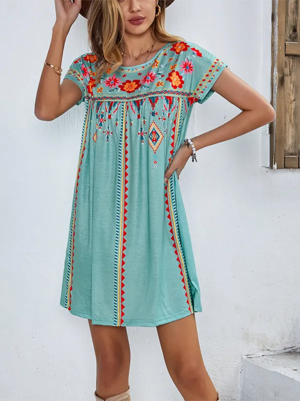 Bohemian Short Dress with Floral Geometric Print and Embroidery