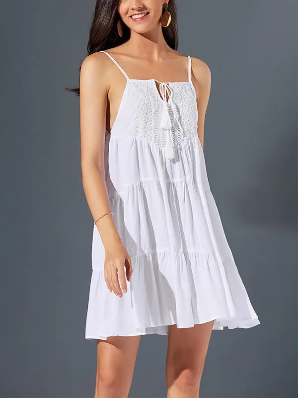 Bohemian Solid Color Lace Panel Dress