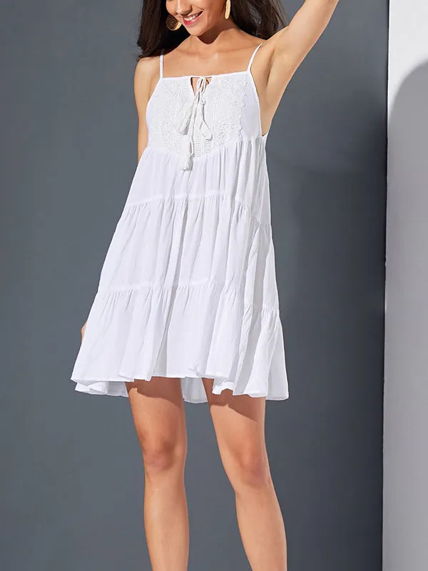 Bohemian Solid Color Lace Panel Dress