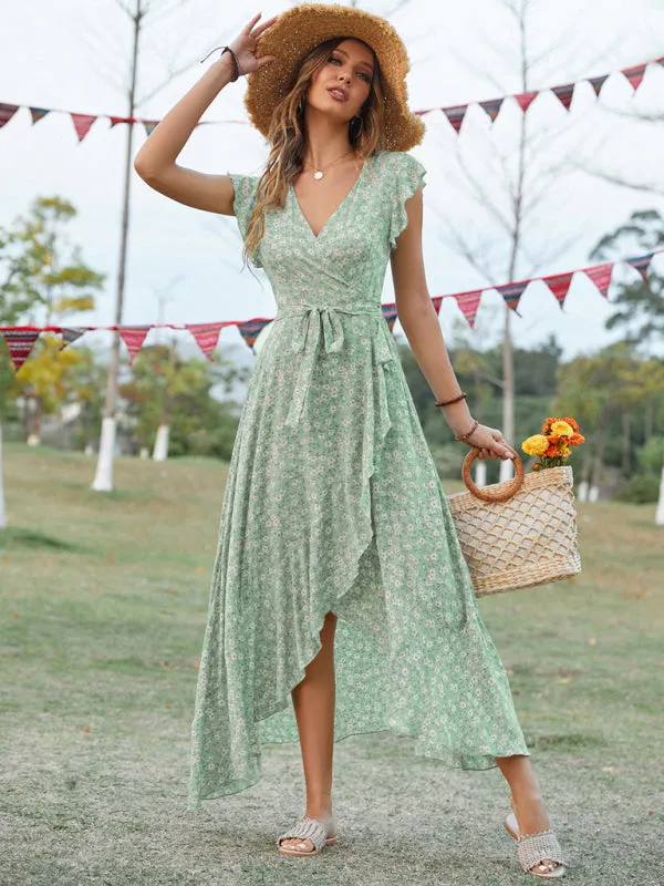 Bohemian V-Neck Dress with Floral Print and Asymmetrical Hem