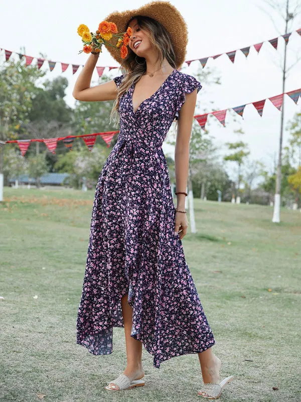 Bohemian V-Neck Dress with Floral Print and Asymmetrical Hem