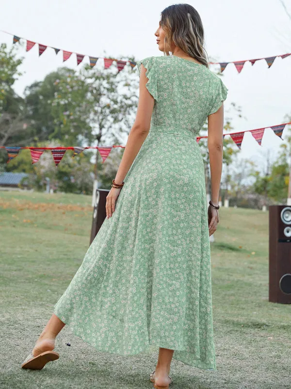 Bohemian V-Neck Dress with Floral Print and Asymmetrical Hem