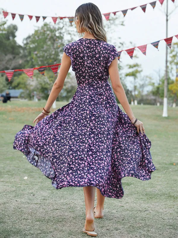 Bohemian V-Neck Dress with Floral Print and Asymmetrical Hem
