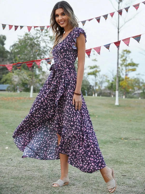 Bohemian V-Neck Dress with Floral Print and Asymmetrical Hem