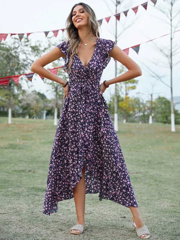Bohemian V-Neck Dress with Floral Print and Asymmetrical Hem