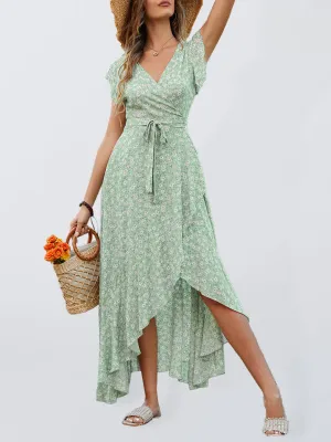 Bohemian V-Neck Dress with Floral Print and Asymmetrical Hem