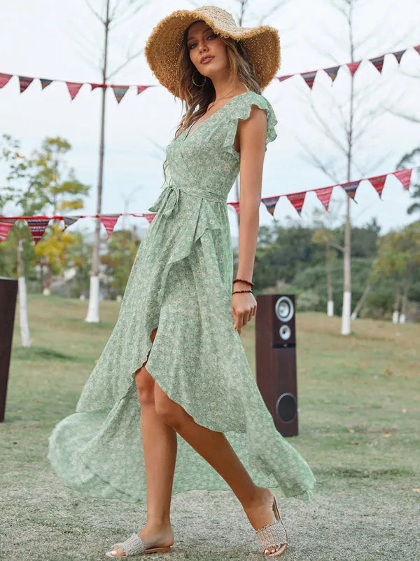Bohemian V-Neck Dress with Floral Print and Asymmetrical Hem