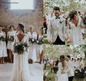 Bohemian Wedding Dress Elegant Deep V Neck Long Sleeves Full Lace Dress