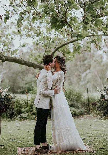 Bohemian Wedding Dress Elegant Deep V Neck Long Sleeves Full Lace Dress