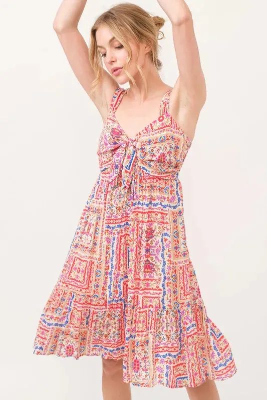Boho Printed Dress with Tied Front and Tiered Skirt