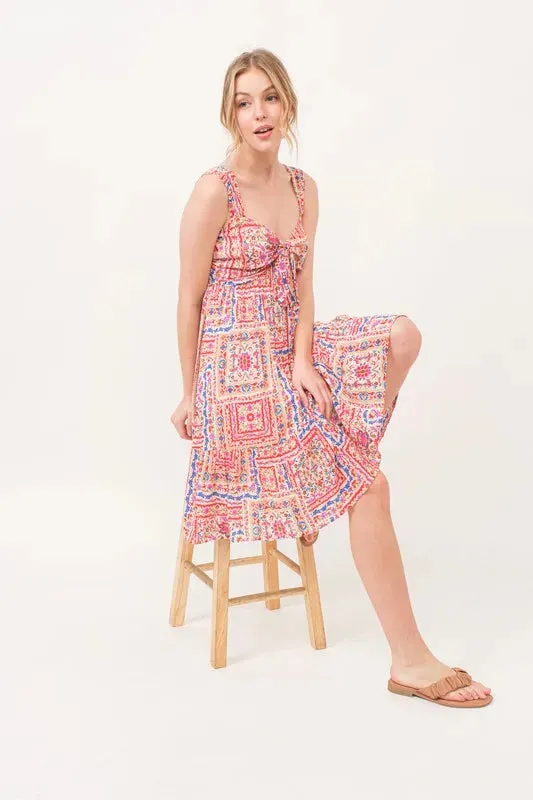 Boho Printed Dress with Tied Front and Tiered Skirt