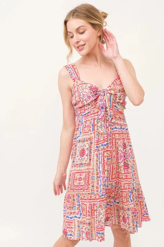 Boho Printed Dress with Tied Front and Tiered Skirt