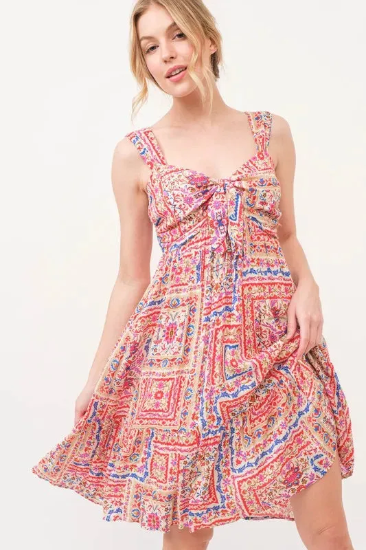 Boho Printed Dress with Tied Front and Tiered Skirt