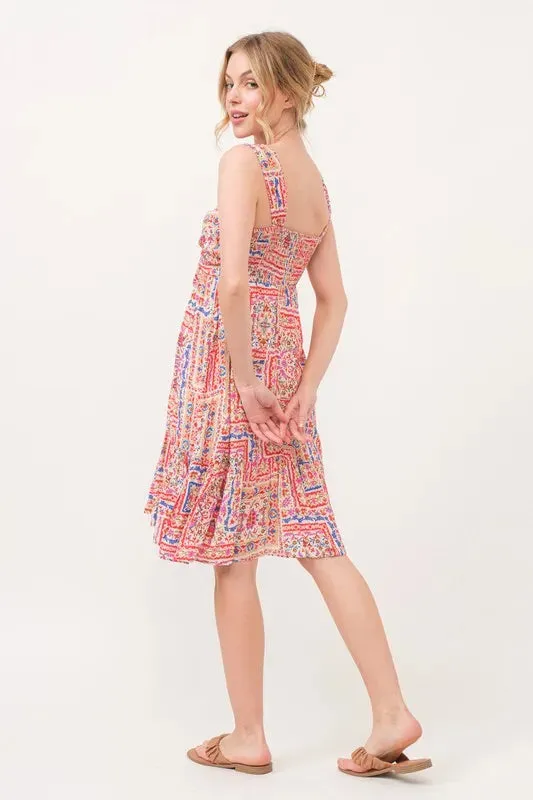 Boho Printed Dress with Tied Front and Tiered Skirt
